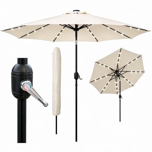 Image of GlamHaus Garden Parasol Tilting Table Umbrella, LED Solar Lights, 2.7m, UV40+ Protection, Additional Parasol Protection Cover, Gardens, Patios (Cream)