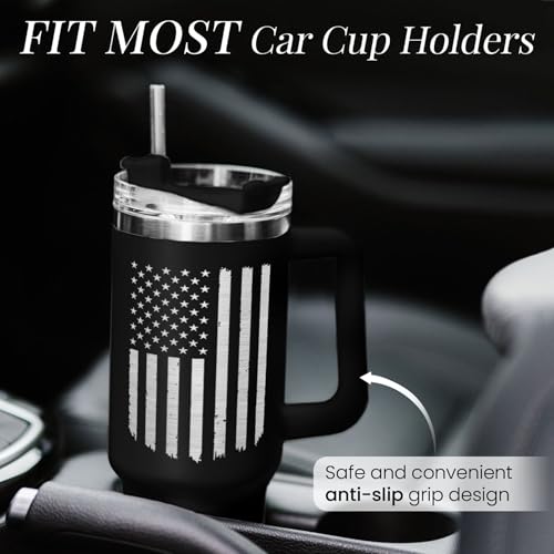 Image of SANDJEST American Flag Tumbler with Handle, America 40oz Stainless Steel Insulated Coffee Mug with Lid & Straw, America Gifts for Men Women, USA Tumblers Cup Gift for Christmas