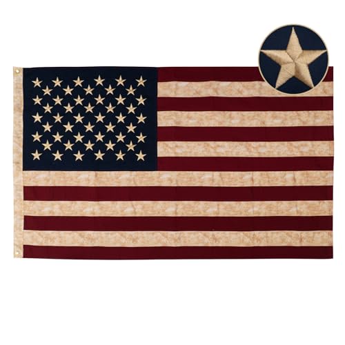 JRED 100% Cotton Vintage American Flags for Outside 3x5 FT Tea Stained US Flag Heavy Duty Outdoor USA Fade Resistant Embroidered Stars Sewn Stripes Brass Grommets