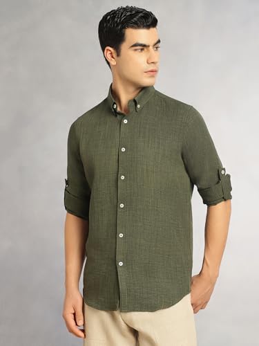 Image of Thomas Scott Men's | Solid | Textured Fabric | Full Sleeve | Slim Fit | Polyester-Blend | Spread Collar | Casual Shirt