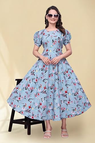 Image of Women's A-Line Crepe Maxi Dress | Stylish Fit and Flare Dress with Round Neck Short Puff Sleeves for Casual Wear