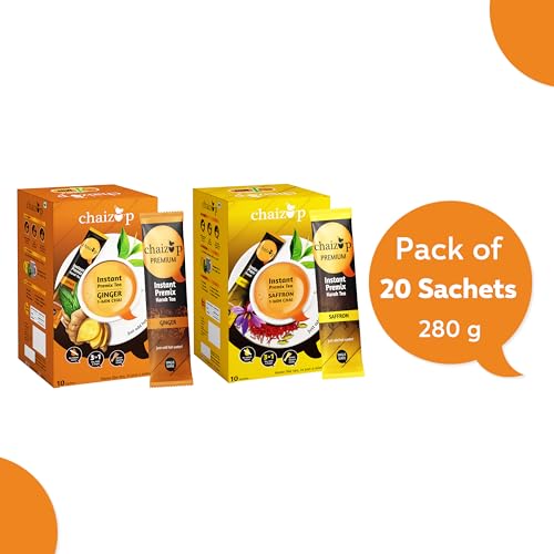 Image of Chaizup Premium 1 Min Instant Assorted Tea Pack - 20 Sachets | Ginger & Saffron Flavours | 20 Servings | 2 Packs (10 Flavours Each) | 280g