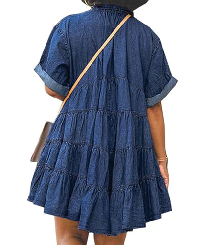 Image of Sexyshine Women's Plus Size Denim Babydoll Dress Short Sleeve Button Down Flowy Tiered Jeans Shirt Dress