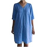 2025 Robe D'été pour Femmes Robe Coton en Lin Robe Décontractée à Col en V Robe Midi à Manches Courtes Dress à Ligne en A Robe Tunique Grande Taille Mode Lâche Respirant Jupe Pas Cher