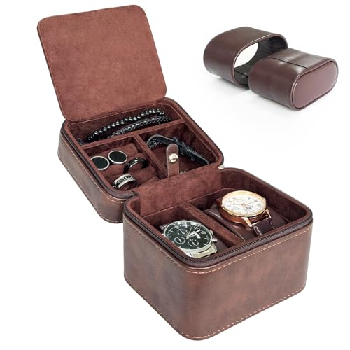 TSA-Friendly 2-Slot Watch Travel Case with Pillows, Brown
