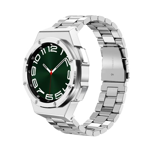 DGYSG Luxury Case Designed for Samsung Galaxy Watch 6 Classic 47mm 2023 Rugged Military Protective Metal Bumper Case with Tactical Stainless Steel Band for Men Silver