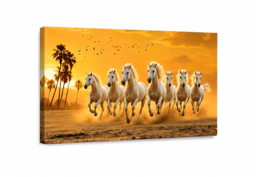 Image of 7 Horse Vastu Sunrise Canvas Painting | Positive Energy Wall Decor | Big Size Premium Running Horses Artwork for Home, Office & Hall Decoration (Modern, Sky Horse, 26x18 Inch)