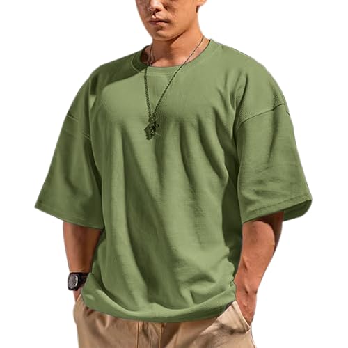 Men's Basic Short Sleeve Waffle Sweatshirt Loose Fit Workout Pullover Crewneck Shirt Green XXL