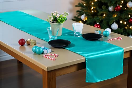 MDS Pack of 10 Satin Table Runners 12 x 108 Inch Long Wedding Sateen Bright Silk Smooth Table Runner for Wedding Reception Birthday Graduation Party Event Banquet Dinner Decoration - Teal