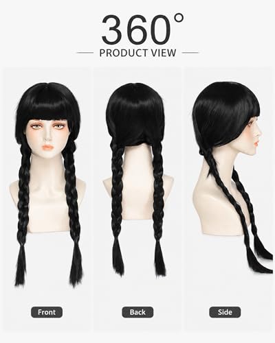 Image of Rose bud Wednesday Cosplay Wig Long Hair Heat Resistant Adjustable Fit 23 Inches Double Braided Black Wigs With Bangs for Halloween Cosplay