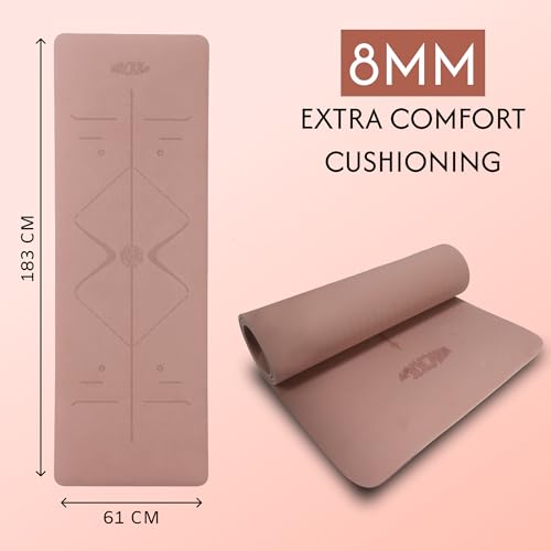 Image of Whackk TPE 8mm Laser Engraved Position Marking Yoga Mat| Coral Pink |Non-Slip Mat ext Thick extra cushioning for knee w. Carry Strap|Lightweight & Eco-Friendly Non Toxic I Exercise and Fitness