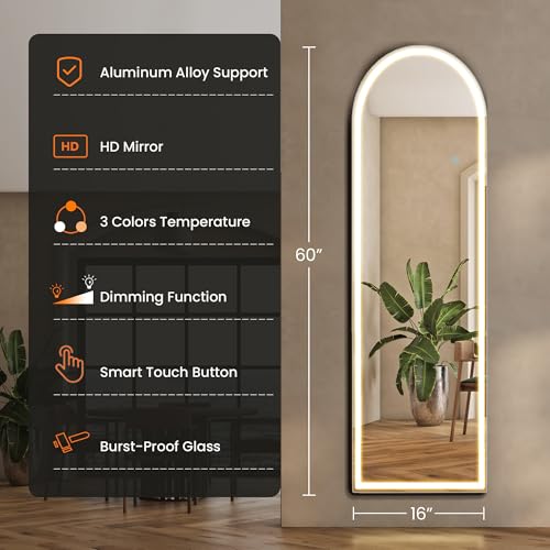 Sweetcrispy Full Length Mirror with LED Lights, 60"x16" Lighted Floor Mirror with Dimming & 3 Color Lighting, Stand for Bedroom, Dressing Room, Arched
