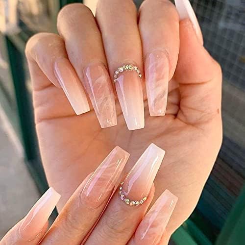 JUSTOTRY 24 Pcs Fake Nails Long, Glossy Black French Press on Nails Patterns, Pretty Nude Ballerina Stick on Nails for Women, Acrylic Coffin False Nails Medium with Glue for Nail Art