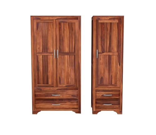 Image of Sheesham Wood Wooden 3 Door Wardrobe Organizer for Clothes | - Solid Wood Almirah with 4 Drawers, 4 Shelves - with Hanging Space Cupboard for Large Bedroom (Design 6)