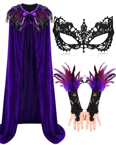 Hercicy 3 Pieces Cloak Feather Witch Cape Lace Long Gloves Witch Spider Web Masquerade Mask for