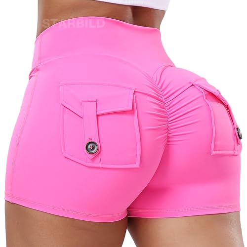 STARBILD Shorts Deportivo Cargo Push Up Mujer, Leggings Corto Cintura Alta Scrunch Butt con Bolsillos pour Gym Fitness Yoga, Cargo - Rosa S