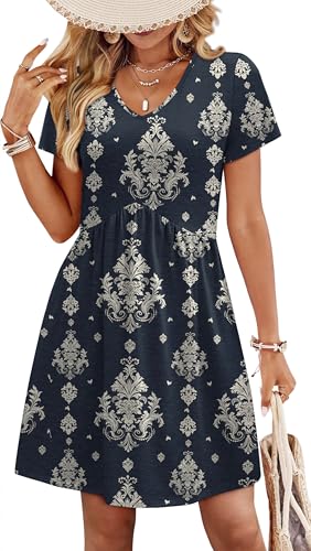 Summer Dresses for Women 2026 Spring Dresses Casual V Neck Midi Flowy Dress Wedding Guest Beach Vacation Clothes Travel Cruise Outfits Ethnic Navy L