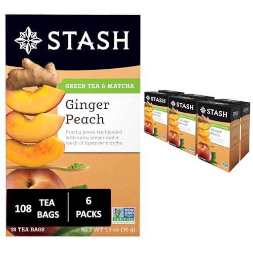 Image of Stash Tea Ginger Peach Green Tea - Caffeinated, Non-GMO Project Verified Premium Tea with No Artificial Ingredients, 18 Count (Pack of 6) - 108 Bags Total