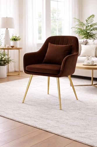 Image of Velvet Chair for Home | Modern Accent Armchair in Soft Velvet Fabric with Golden Legs | Set of 2 Premium Accent Chair for Living Room Bedroom Restaurent | (Dark Brown 1pc, Standard)