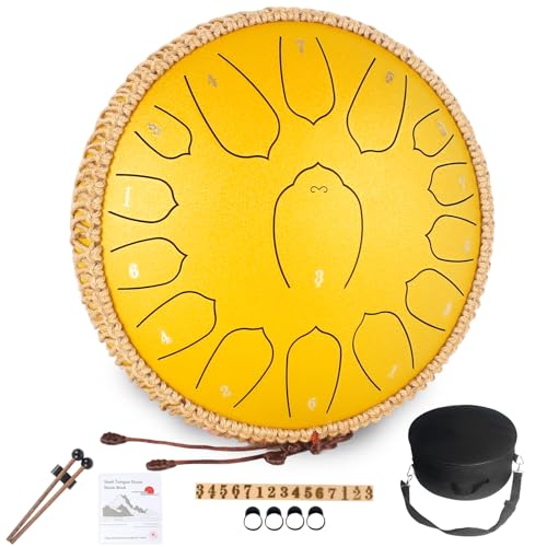 AoduCamy Steel Tongue Drum-13 Inches 15 Notes Rain Drum-Percussion Instruments - Hand Pan Drum with Music Book、Drum Mallets、Finger Picks & Carry Bag, C Major(Yellow)