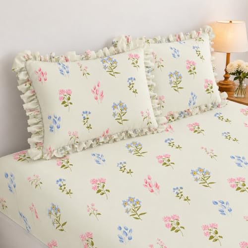 Image of 350 TC Premium Heavy Cotton Feel Elastic Fitted Bedsheet King Size with 2 Frill Pillow Covers King Size || Double Bed with All Around Elastic (Cream Leaf, Queen)