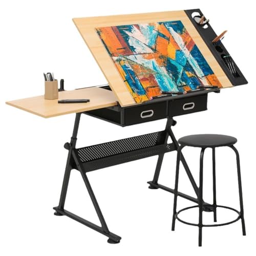 Wood Drafting Table & Stool Set Artist Desk, 0°-45° Tilted Tabletop, ?26.8