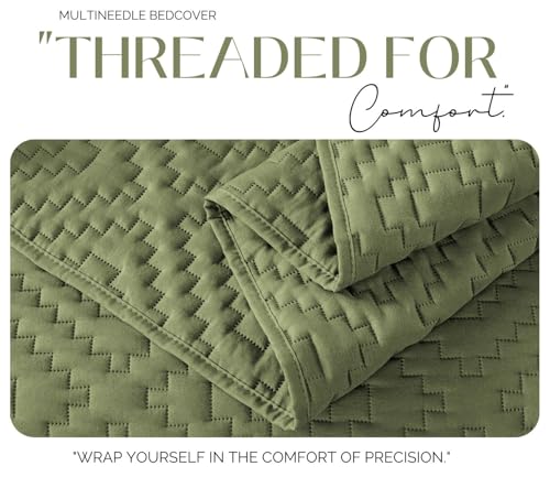 Image of VAS COLLECTIONS 280 TC Quilted Cotton King Bedspread Set, Ultrasonic Bed Cover with 2 Pillow Covers, Soft Breathable Lightweight All-Season Bedding, 90x100 in (228x254 cm) (Olive Green)