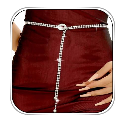 CanB Women Rhinestone Waist Belt Crystal Chain Belt Silver Thin Belts for Dress