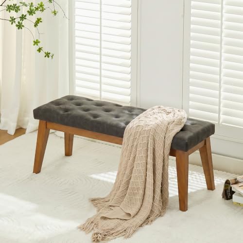 Image of 43.5 inch Padded Button Tufted Faux Leather End of Bed Bench, Charcoal Gray | Padded upholstered bench with solid wood legs, ideal for entryway, dining room, bedroom, vanity area, or living room.