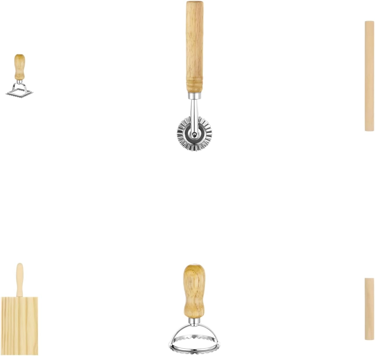 6 Pcs Pasta Making Tool Set, Kitchen Supplies for Homemade Pasta, Includes Wooden Rolling Pin, Pasta Rollers, 2 Ravioli Stamp Makers, Gnocchi Board and Rolling Cutter, for Dumpling and Wonton