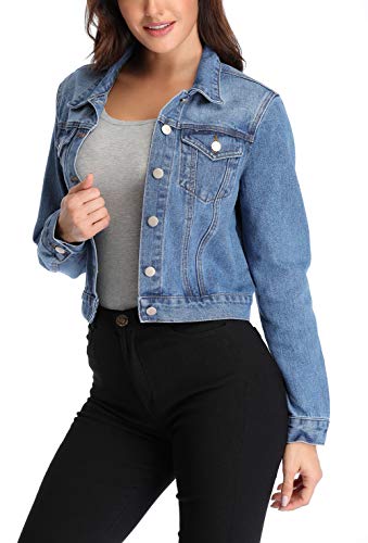 Anienaya Women's Denim Jacket Washed Basic Button Down Cropped Jean Jacket w 2 Chest Pockets