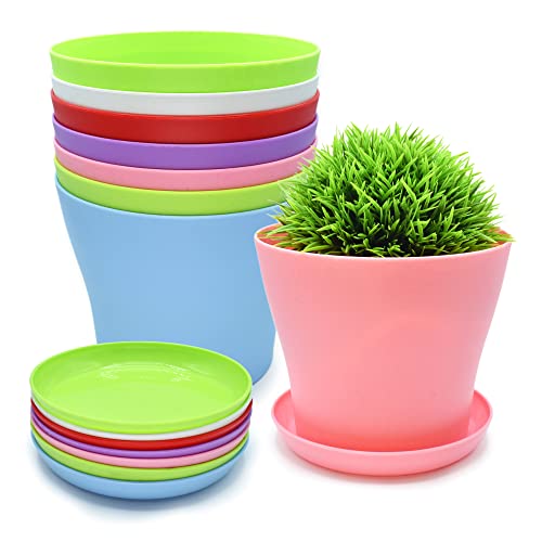 Green Thumbz Grandes macetas Redondas Decorativas, macetas de plástico de Colores para la decoración, macetas de Semillas para Interior y Exterior y macetas con bandejas a Juego (Paquete de 8) Cover
