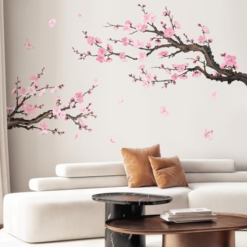 SHUCHING Wandtattoo Rosa Blumen, Wandaufkleber Baum Zweig Blumen Blüten Vögel, Wandsticker für Wohnzimmer Schlafzimmer TV Hintergrund