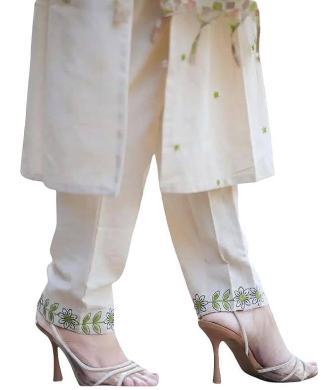Women's Printed Kurta Pant Dupatta Set, Cotton Blend, Off-White with Floral Embroidery, 3 Piece Ethnic Wear (IN, Alpha, XL, Regular)