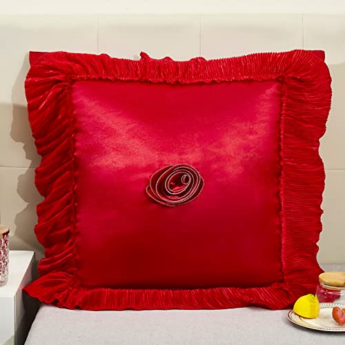 Tache Red Euro Shams Satin Pillow Cover Glam Bright Red - Ruffled Luxurious Decorative Bedding Accessory Faux Silk Square European Pillowcase - 26 x 26 inch - 1 Piece