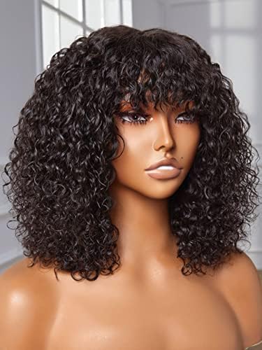 YASGRL 12" Bouncy Curly Wig With Bangs Human Hair Realistic Look HD Lace Glueless Wigs Brazilian Human Virgin Hair Short Curly Human Hair Wig With Bangs 180 Density