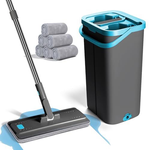 Masthome Balai Serpillère Microfibre, Balai Plat Professionnel avec 6 Tampons Réutilisables, Serpillère Nettoyage pour Sols et Seau Essoreur Convient pour...