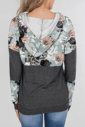 Chiczone Color Block Hoodie For Women Drawstring Pullover Hooded Sweatshirt Long Sleeve Floral Tops Black Flower L #TOP4