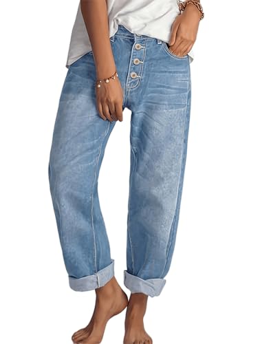 Women's High Waisted Straight Leg Jeans Loose Fit Button Fly Denim Pants Vintage Light Wash High Rise Casual Jean
