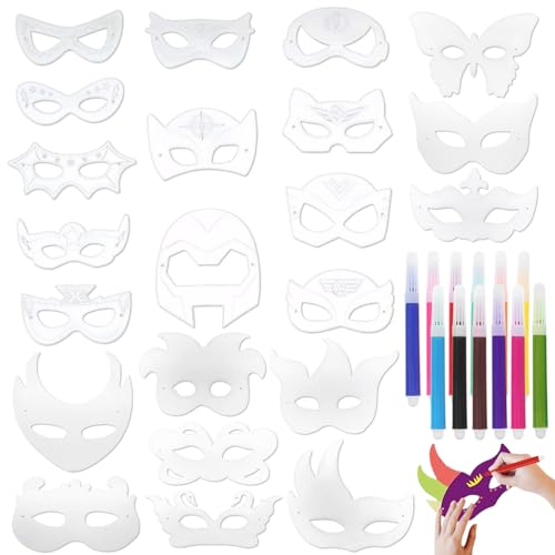 PLATEYTR 34 unidades máscaras para pintar carnaval crianças máscaras de papel de festa de cosplay com lápis de aguarela adequados para crianças aniversário páscoa Halloween Natal artesanato