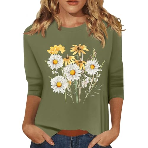HTHLVMD Womens 3/4 Length Sleeve Tops 2025 Fall Fashion Floral Print Crewneck Causal Trendy Tunic Tops for Women