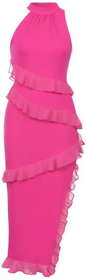 JSEIAJB Sexy Stand-up Collar Splicing Ruffled Side Split Slimming Dress for Women
