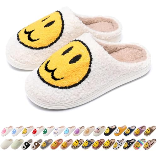 Image of Women's Men's Preppy Happy Face Slippers Comfy Warm Plush Slip-On House Slipper for Winter Indoor Soft Cushion Non-slip Fluffy Slides Slippers
