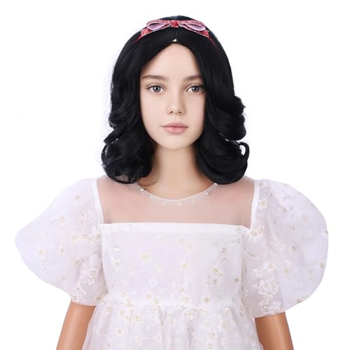 DUDUWIG Girls Black Wig with Headband Kids Short Natural Black Wavy Curly Wig Children Middle Part Wigs Heat Resistant Synthetic Wigs with Cap