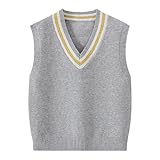 Danny D Boys Sleeveless Sweater Vest Spring Summer Autumn Crew Neck Ribbed Knit Pullover Tank Tops (US, Age, 7 Years, V-Neck Striped-Grey)