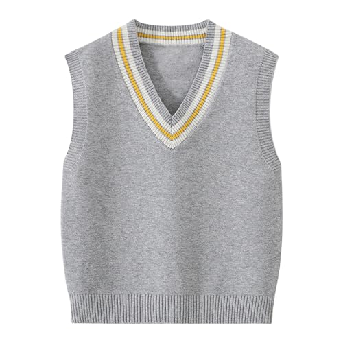 Danny D Boys Sleeveless Sweater Vest Spring Summer Autumn Crew Neck Ribbed Knit Pullover Tank Tops (US, Age, 7 Years, V-Neck Striped-Grey)