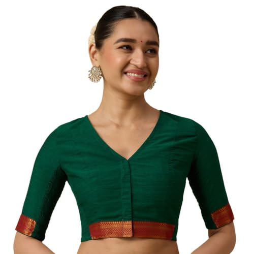 Image of Studio Shringaar Women's Handloom Cotton Stretchable (Smocked) Saree Blouse with Temple Zari Border