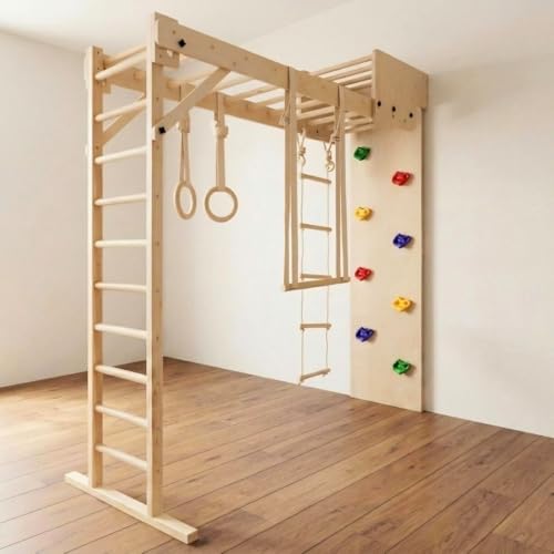Image of Curious Cub Foldable Jungle Gym for Kids Indoor | Contain Rock Climbing for Kid At Home, Gymnastic Rings, Wooden & Wobble Ladder, Monkey & Trapeze Bar for Kids to Play Indoor Fun Activity for Ages 2+
