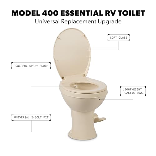Image of Dometic Model 400 Essential RV Toilet - Round Lightweight Plastic Bowl, Universal Fit & 2-Bolt Mount, 18 inch Chair Height Residential Style, Gravity Flush Toilet with Soft-Close Seat, Bone (9610008276)