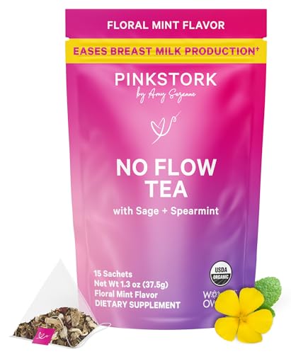 Image of Pink Stork No Flow - Organic Sage Tea to Dry Up Breast Milk Supply and Decrease Milk Production, Stop Breastfeeding, Wean Lactation Naturally, Postpartum Essentials - Hot or Iced - 15 Sachets